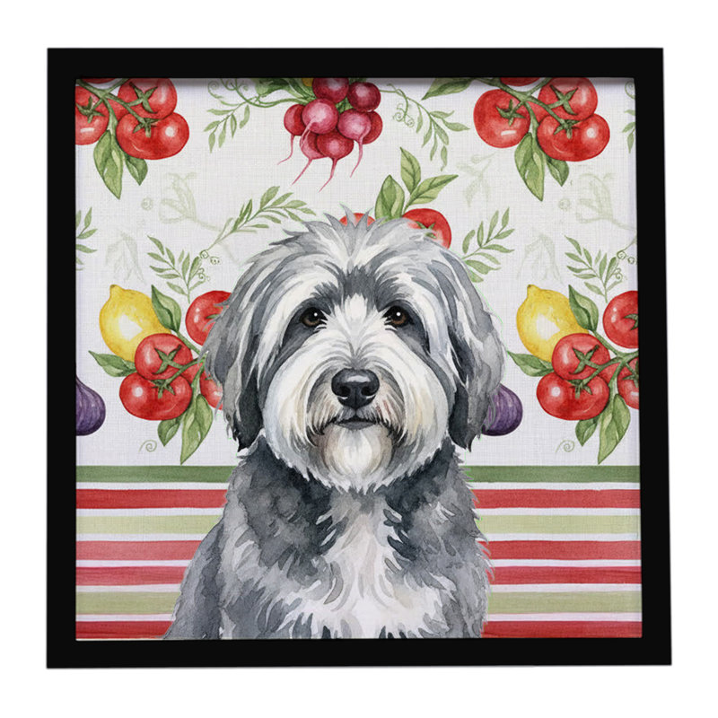 «Grey and White Old English Sheepdog Légumes», reproduction d'art encadrée, Gris / Blanc