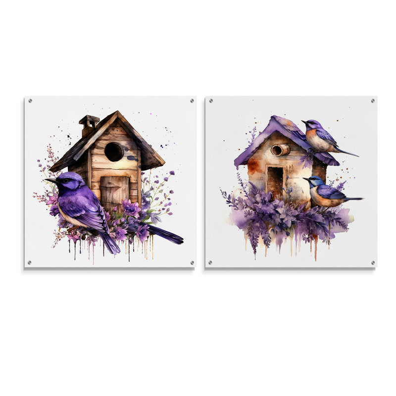 Purple Lavender Birdhouse I - Bird Acrylic Wall Art Glass Set Of 2, 36" H x 73" W