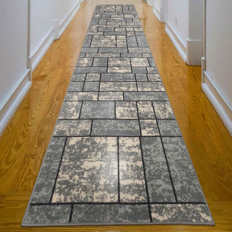 Ottohome Non-Slip Boxes Area Rug For Living Room, Hallway, Gray, Rectangle 1'8" x 4'11"