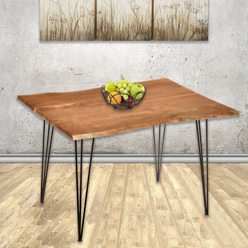Acacia Rectangular Wood Top Dining Table with Iron Base, 76.2cm H x 121.92cm L x 76.2cm W, Natural, Black