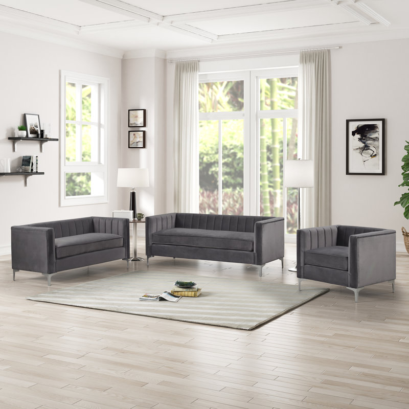 Ensemble de salon en velours Louis, Gris, 3 pièces 1 canapé 1 causeuse 1 fauteuil