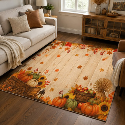1 conception de planches de bois vieilli avec des citrouilles, des tournesols, des pommes et des feuilles d'automne, un tapis mince lavable, un envers antidérapant, convient au salon, à la chambre à coucher, à la cuisine, à l'entrée et à l'entrée pour la maison