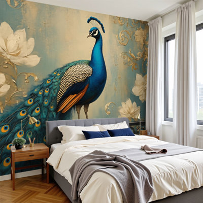 Peel and Stick Wallpaper Peacock Flowers Feathers Floral Branch Elegant Pose Oil Painting Wall Murals 100"H x 144"W Removable PVC Wall Paper Self-Adhesive Wall Decor for Bedroom Living Room Home Office