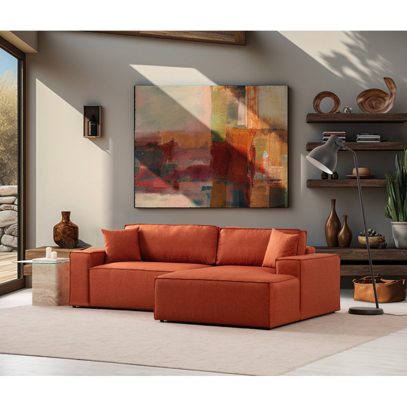 Canapé-lit d'angle moderne, orange, 102,4 po x 30,7 po x 66,9 po | Structure en bois de hêtre et en carton, tissu 100% polyester | Mécanisme de glissière, coussin de dossier en mousse et en silicone gris doux | Élégant et fonctionnel pour tout espace de vie