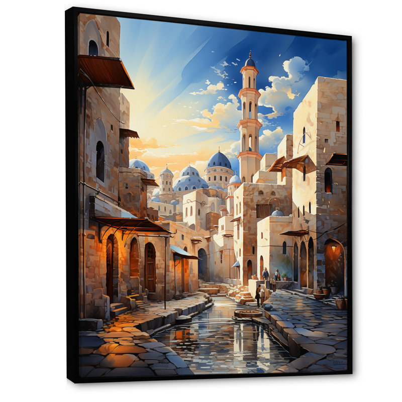 Lyonnie, l'islam, minaret hauteurs sur toile, H 40 po x l 30 po x P 1,5 po, Cadre flottant noir
