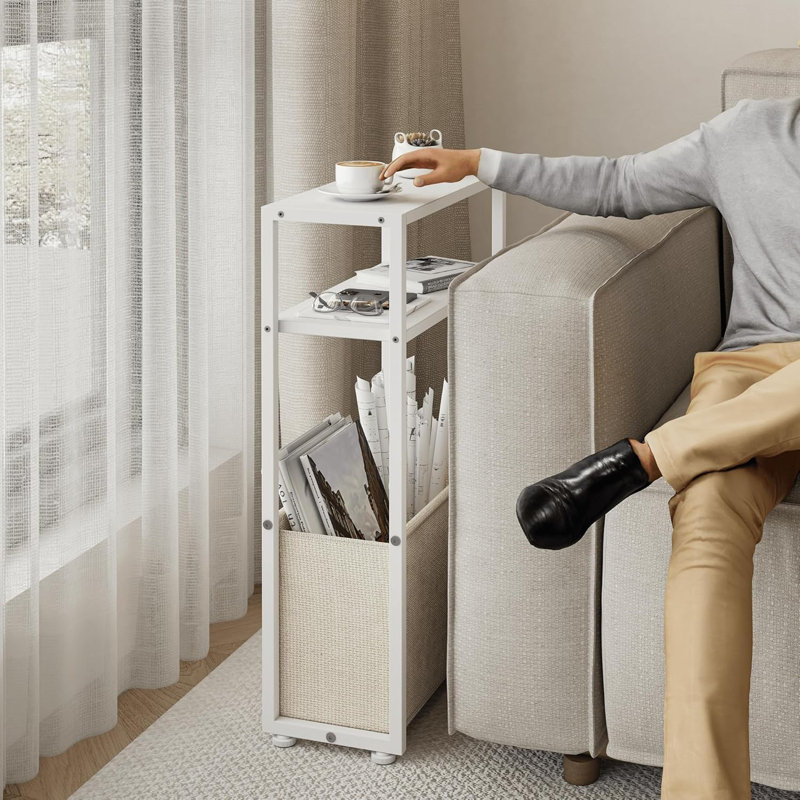 Slim White Metal Side Table with Fabric Basket