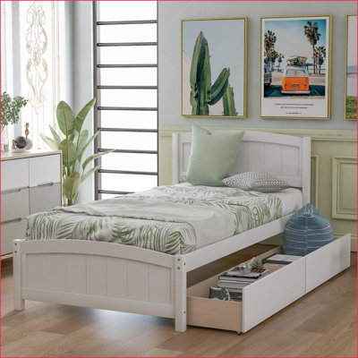 Twin Size Solid Pine Wood Platform Bed with 2 Drawers - White, No Box Spring Needed