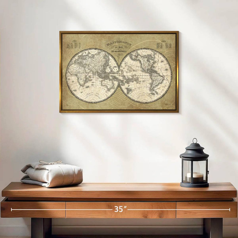 Carte du monde français I, 19 po x 13 po, Cadre flottant doré