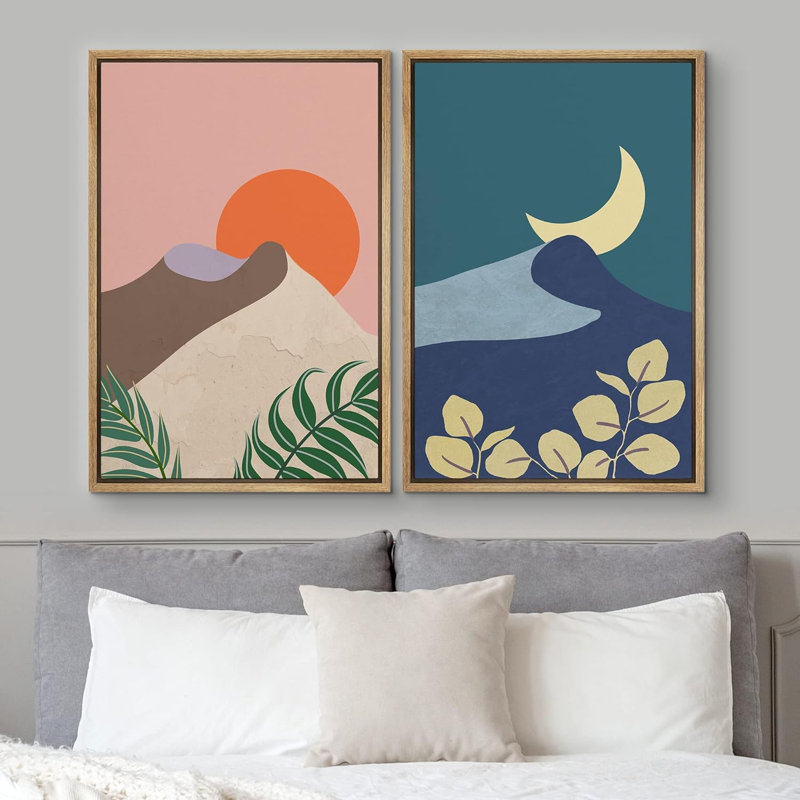 «Desert Dune Sun & Crescent Moon Nature Shapes Modern Art Scenic Colorful on Canvas», reproduction de 2 pièces
