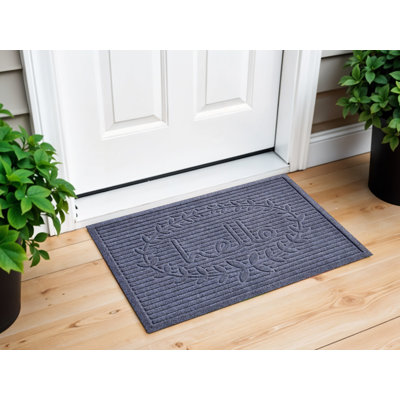 36" Dark Grey Striped Hello Outdoor Polypropylene  Door Mat