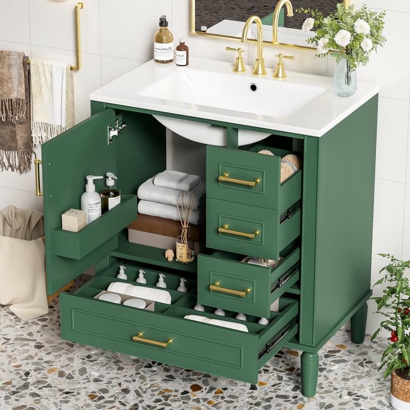 Traditional 30" Bathroom Cabinet With Soft Close, Three Drawers, Ceramic Basin, Gold Handles, Compact Bath Option Vanity , Close Doors, Suited For Small Baths