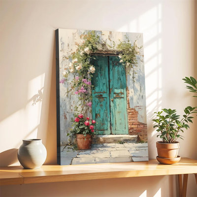 Porte en bois turquoise vintage ornée de roses grimpantes, peinture à l'huile sur toile tendue, grand format, idéale pour le salon ou la chambre.