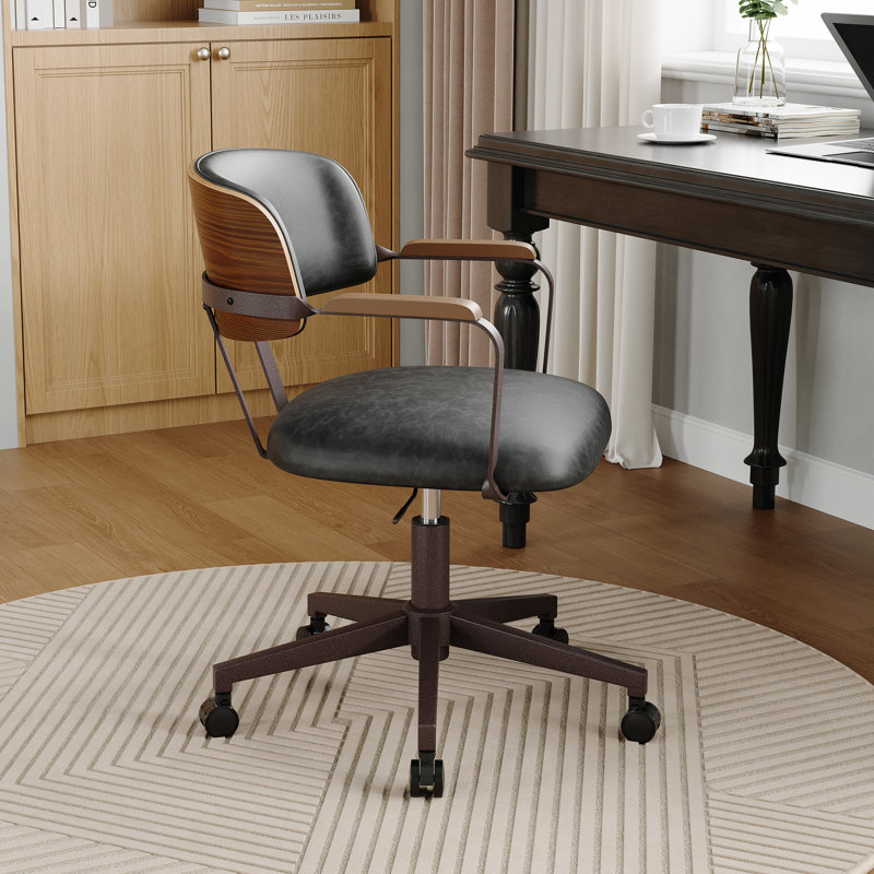 Mid-Century Modern Faux Leather Office Chair with Wood Accents, Adjustable Height Task Chair, Black Gray