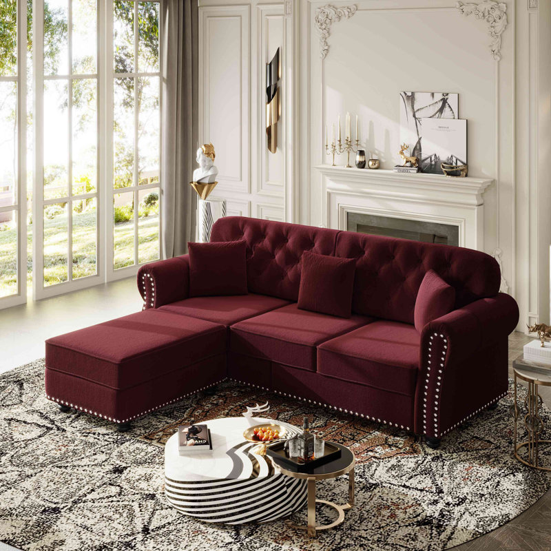 Canapé Chesterfield 82,6 po rembourré en velours avec garniture cloutée et accoudoirs roulés, canapé de style Mid-Century moderne capitonné avec boutons, inclus 3 coussins