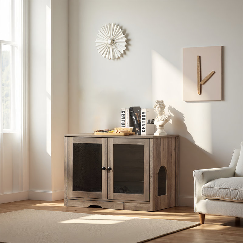 Cat Litter Box Enclosure with Convenient Litter Collector, Cat Cabinet with Cat-Viewing Glass Doors, Wooden Cozy Cat House