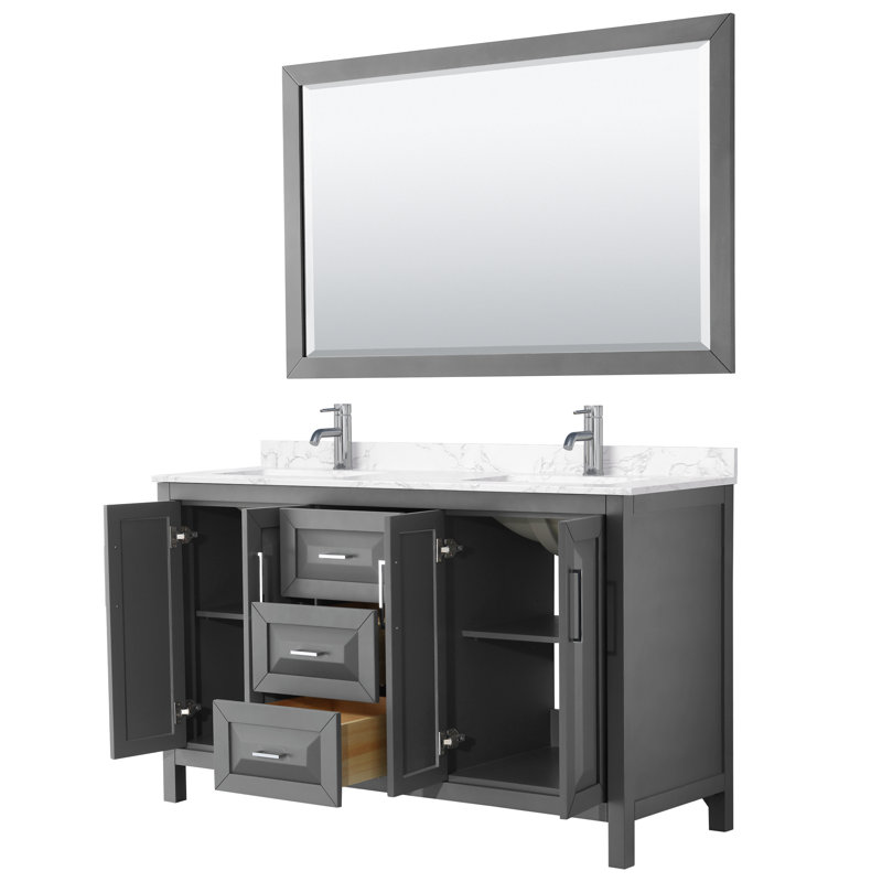Ensemble de meuble-lavabo double avec miroir Daria, Gris foncé, Chrome poli, 60"
