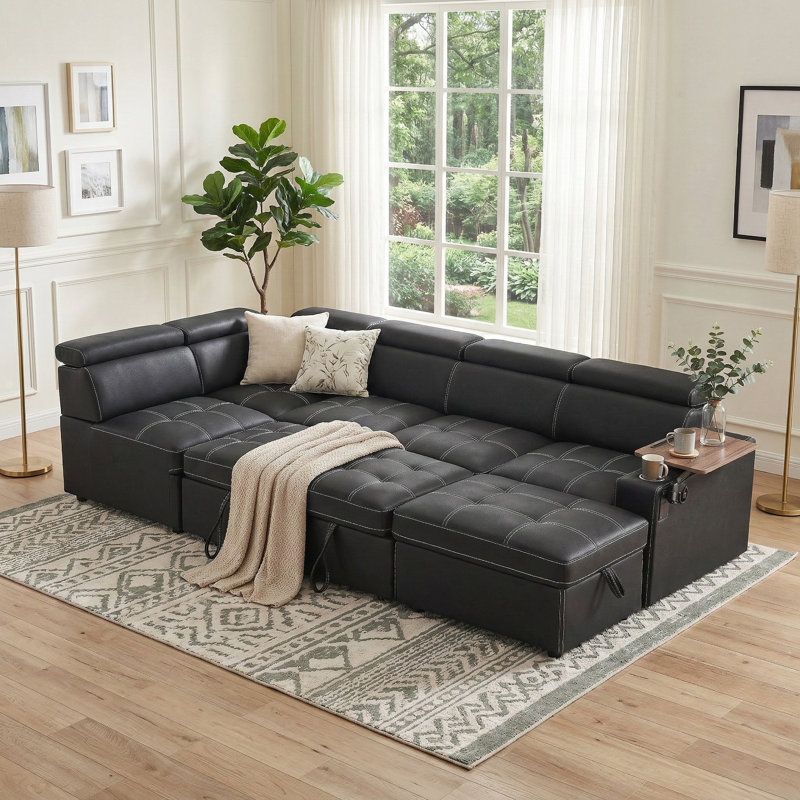 113'' Leather Sectional Sleeper Sofa With Pull Out Bed, Storage Ottoman & Rotating Side Table, Black Faux Leather