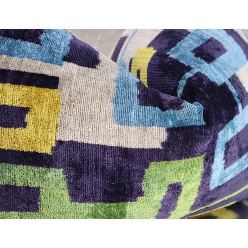 Velvet Lumbar Pillow Cover & Insert, Blue/Green/Yellow Geometric 1