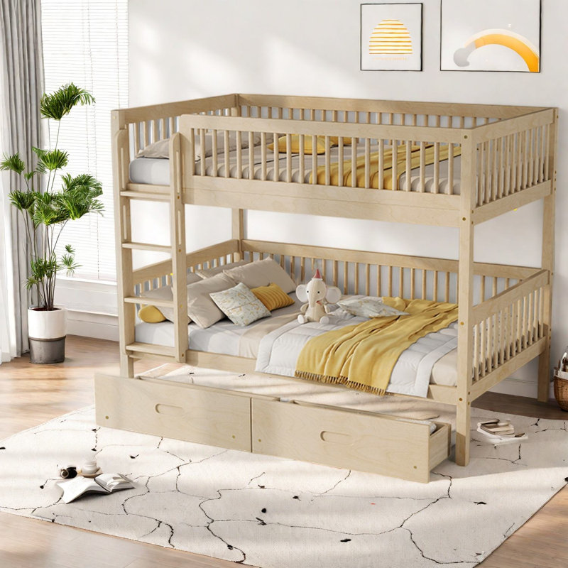 Lits superposés avec rangement, convertibles, rustiques, en bois de pin, pour chambre d'enfant, Beige