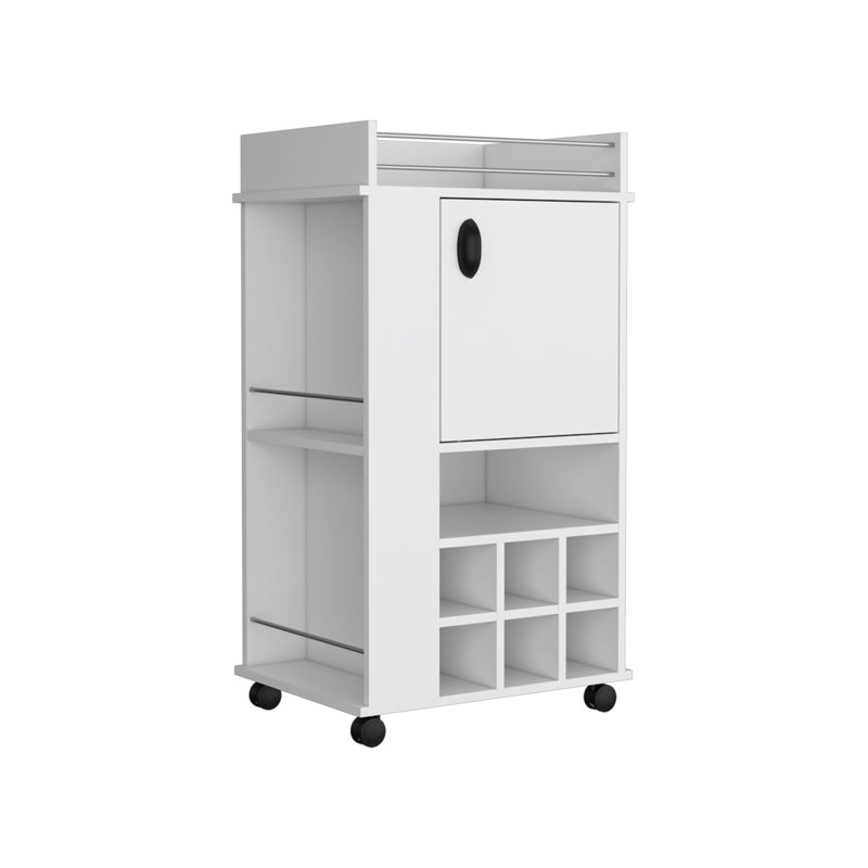 Fargo Bar Cart with Cabinet, 6 Built-in Wine Rack and Casters, White