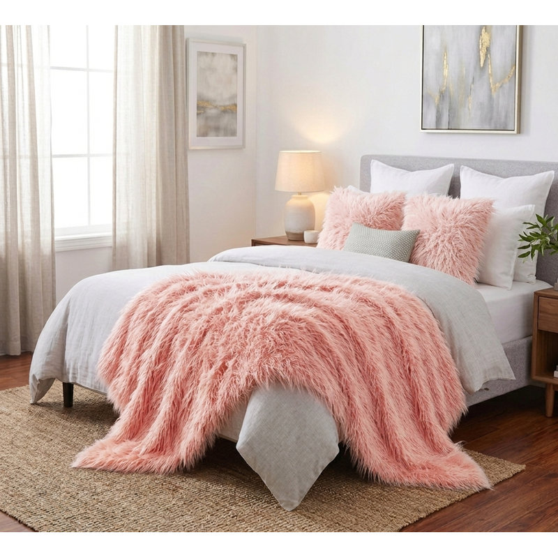 Luxury Faux Fur Throw Blanket Set with 2 Matching Pillow Covers, Ultra Soft Shaggy Plush Decorative Cozy Blanket for Couch, Sofa & Bed, Warm Giftable Home Décor Set, 50”x60” Pink