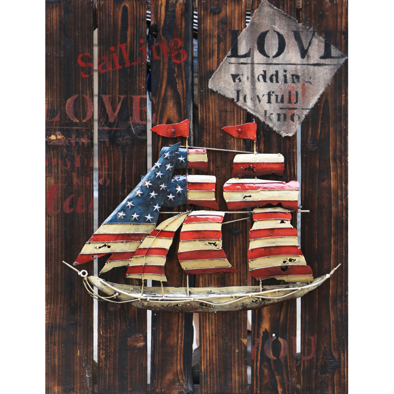 «Love Sail Boat», drapeau américain, décoration murale en métal et bois, art mixte