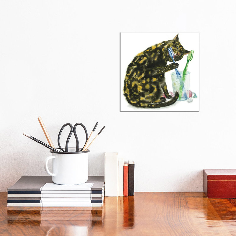 Cat Brushing Teeth 1 Piece Wrapped Canvas Wall Art, 30.48 cm H x 30.48 cm W