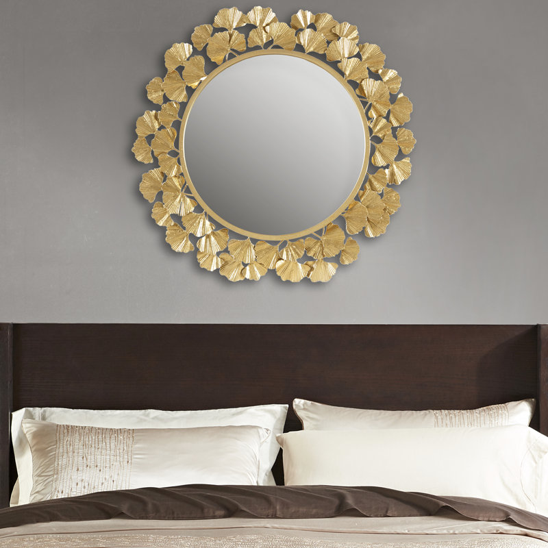 Miroir mural rond de 30,5 po en feuille d'or, cadre en fer avec trou de serrure à suspendre