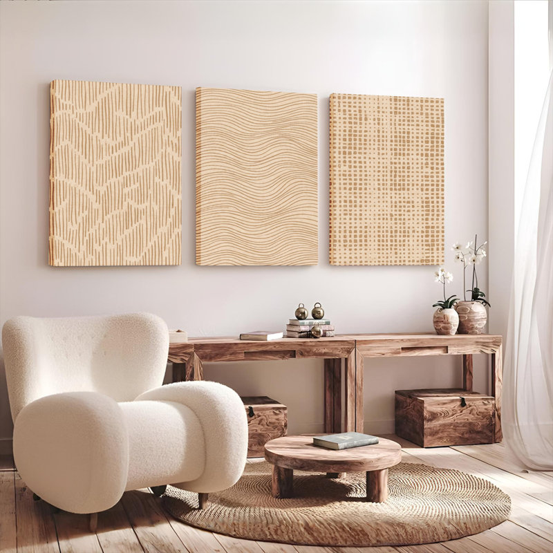 Ensemble de 3 reproductions d'art sur toile tendue à motif de grain de bois pour le salon, la chambre et la décoration intérieure