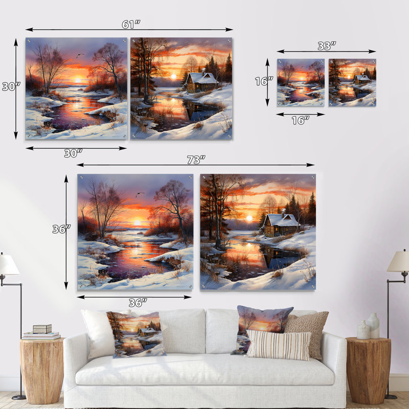 «Sunrise Charm In Winter - Sunrises Sunset», ensemble de 2 peintures murales en acrylique, H 36 po x l 73 po