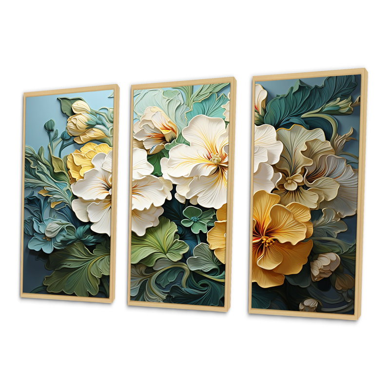 Ensemble de décoration murale beige et jaune Pensies Realistic Garden Splendor, Cadre naturel flottant