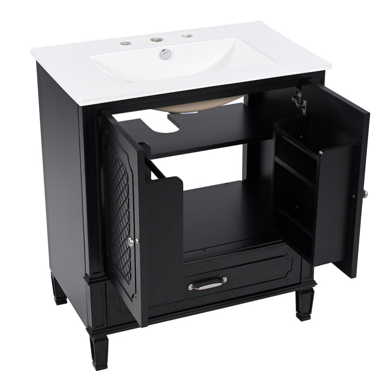 Meuble-lavabo de salle de bain avec lavabo style rétro, Noir, noir, noir, noir