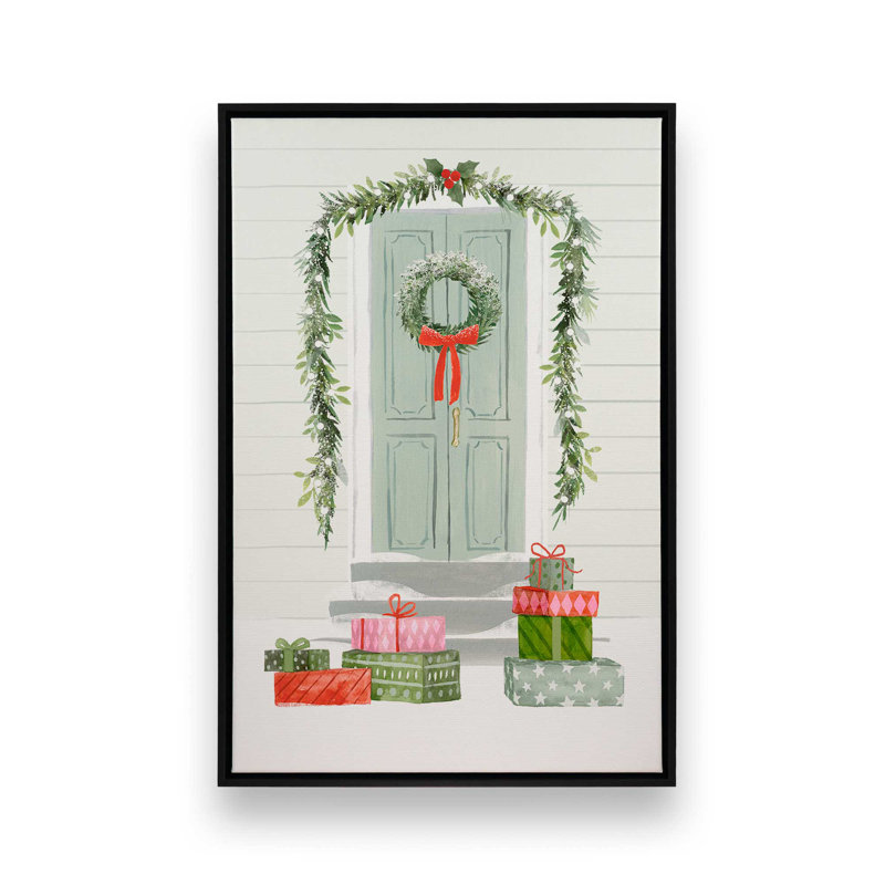 Charmante porte de Noël, reproduction sur toile, Cadre flottant noir, H 12,75 po x l 8,75 po