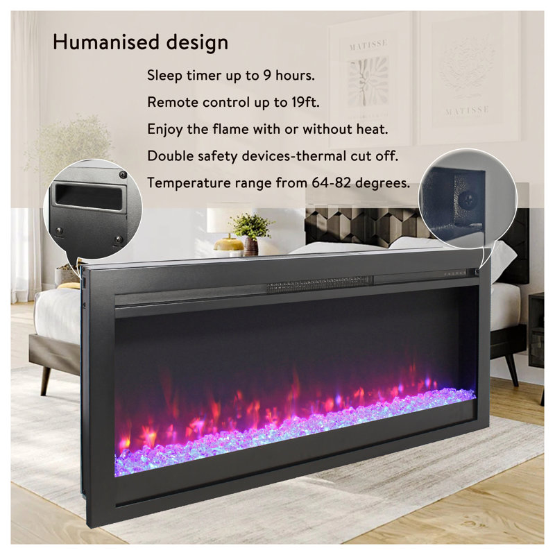 Foyer électrique encastré dans le mur avec télécommande, flamme multicolore et lit de braise, chauffe-lumière à DEL