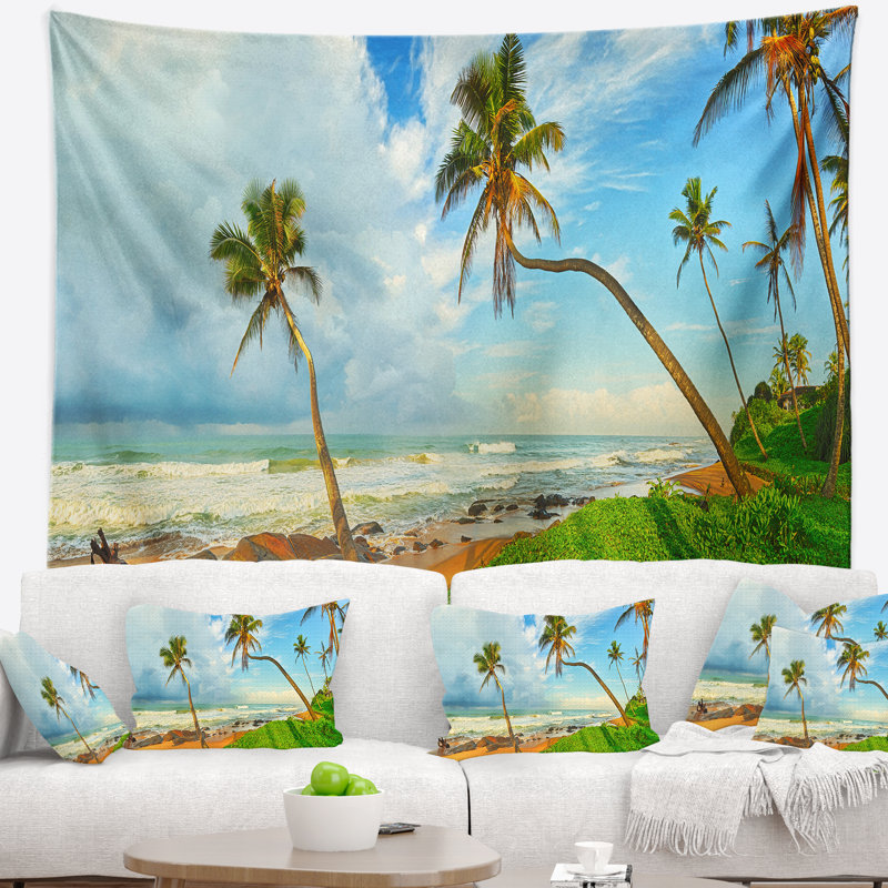 Paysage marin de palmiers sur la plage tapisserie du sri lanka, H 68 po x l 80 po