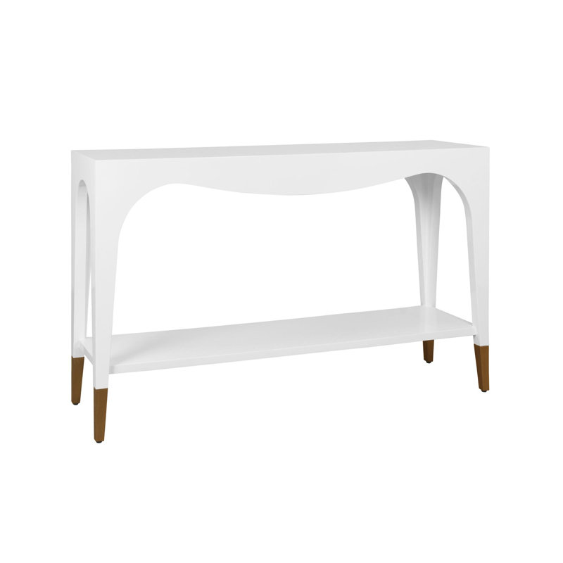 Two Tier Tapered Leg Console With Antique Brass Foot Caps, White Lacquer