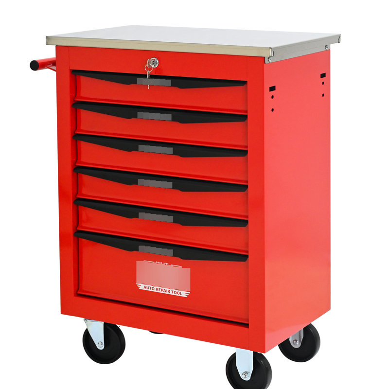 6 tiroirs, chariot à outils multifonctionnel, toit en acier inoxydable, verrouillable, amovible, roues universelles, pivotant, verrouillable, glissières de tiroir de capacité de charge de 15 kg, acier laminé à froid, thermolaqué, 4 po, clé
