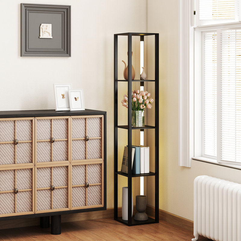 HOMCOM LED Floor Lamp with Shelves Dimmable Foot Switch Black