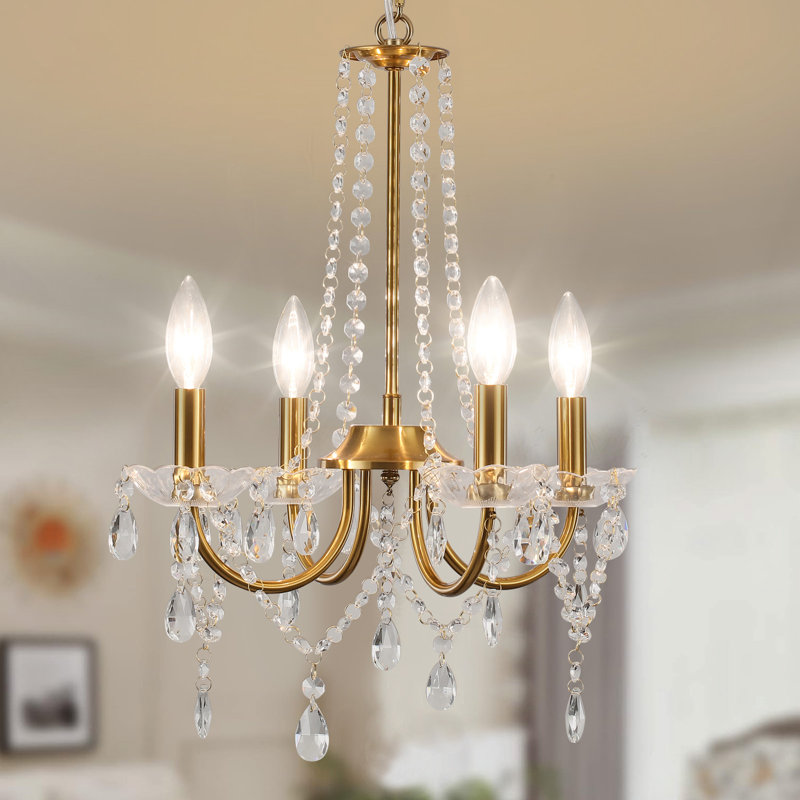 Lustre en cristal classique / traditionnel à 4 lumières de 16 pouces à intensité variable pour le salon Elinka, Doré
