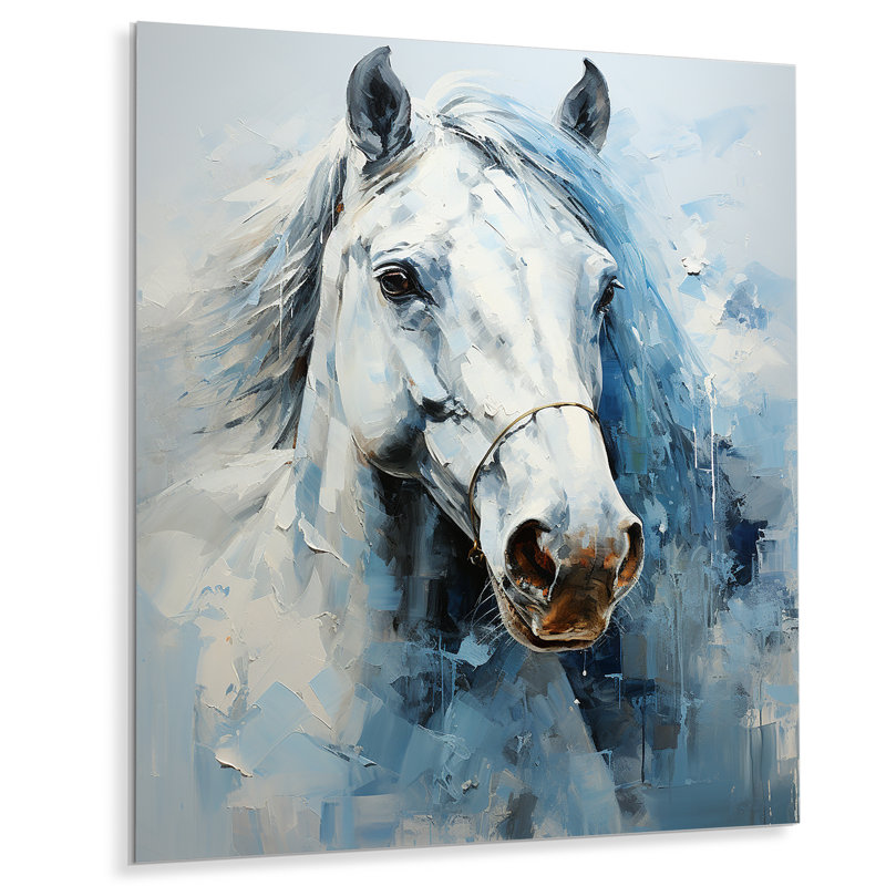 Cheval blanc blanc bleu sérénité révélée pointillisme II - animaux, décoration murale en métal, H 40 po x l 30 po x P 1 po