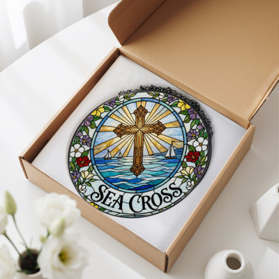 12"H Sea Cross Stained Glass Window Panel