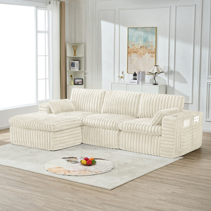 Compression Modular Corduroy Sectional Sofa with Headrest Pillows, Cup Holders & Side Storage Pockets, Beige Corduroy