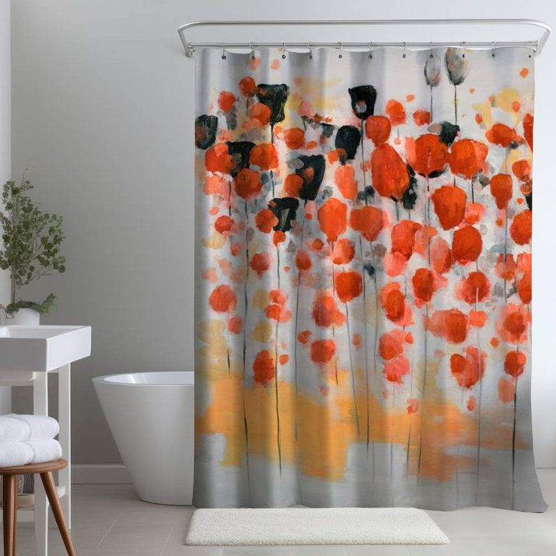 Contemporary Gray Abstract – Red Dotted Flowers – Polyester Shower Curtain, Dye Sublimation Print, 71" W × 74" L