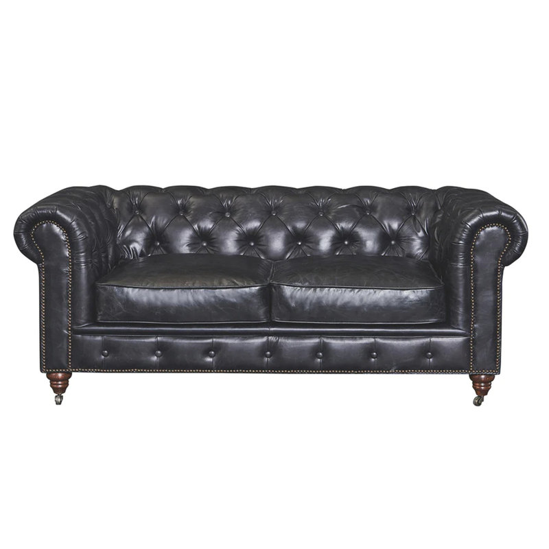 Causeuse Chesterfield à accoudoirs roulés en cuir véritable de 72 po Jarique, Cuir véritable noir