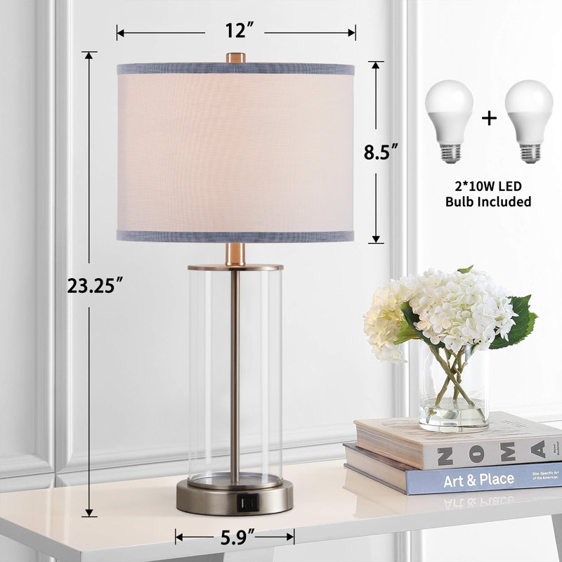 Quinita 23"  Glass Table Lamp Set with Touch Control,  LED Bulbs, USB Ports, Brushed Nickel