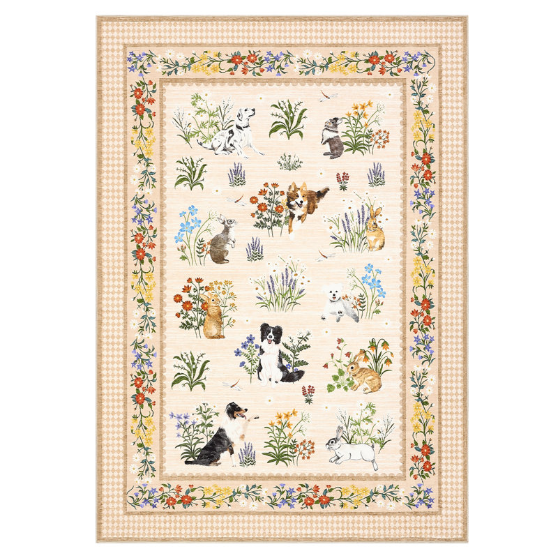 Cute Animal Machine Washable Rug, Non-Slip Low-Pile Area Rug with Rubber Backing for Living Room Bedroom Nursery, Beige