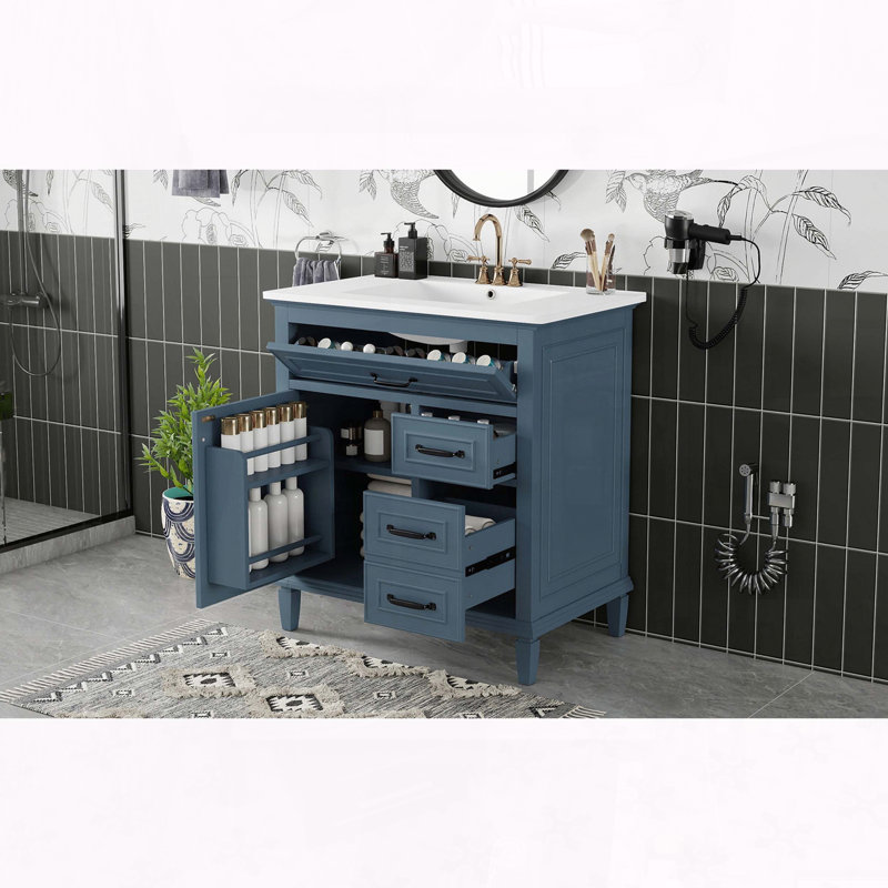 Meuble-lavabo en bois massif de 30 po avec tiroirs rabattables et tablette réglable, Blue Gray