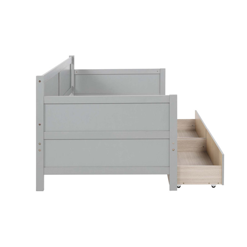 Lit de jour simple en bois de pin avec deux tiroirs de rangement, Gris