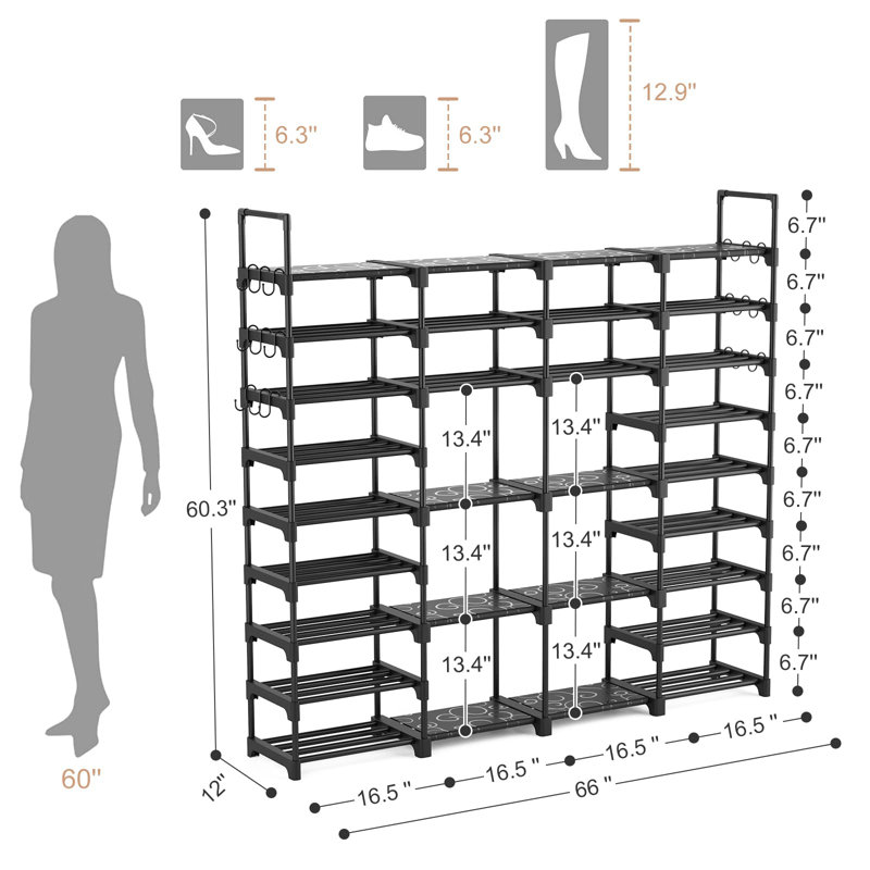 Large Shoe Rack Organizer For Entryway Closet 64-68 Pairs 9-Tier Heavy Duty Tall Garage Shoe Rack Shoe Shelf Shoes Storage With 18 Pcs Removable Side Hooks Black