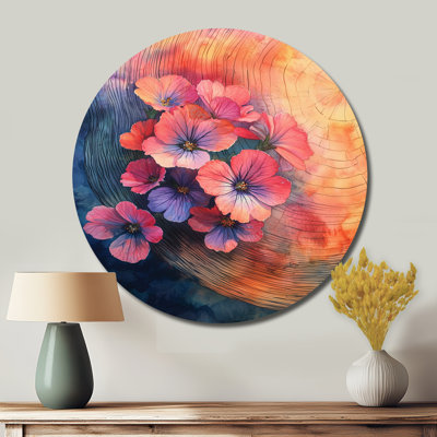 Geraniums Garden At The Wood Slide I - Geraniums Round Metal Wall Art